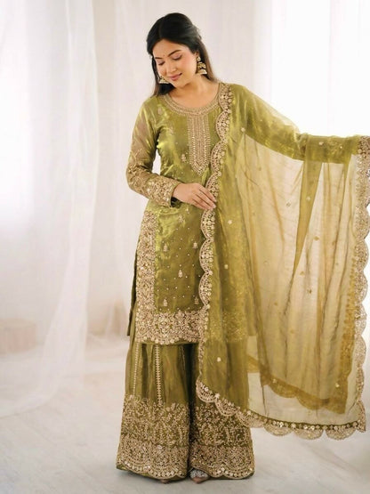 Teeya Creation Womens New Trendy Embroidery Coding And Sequence Work Light-Green Kurta Set
