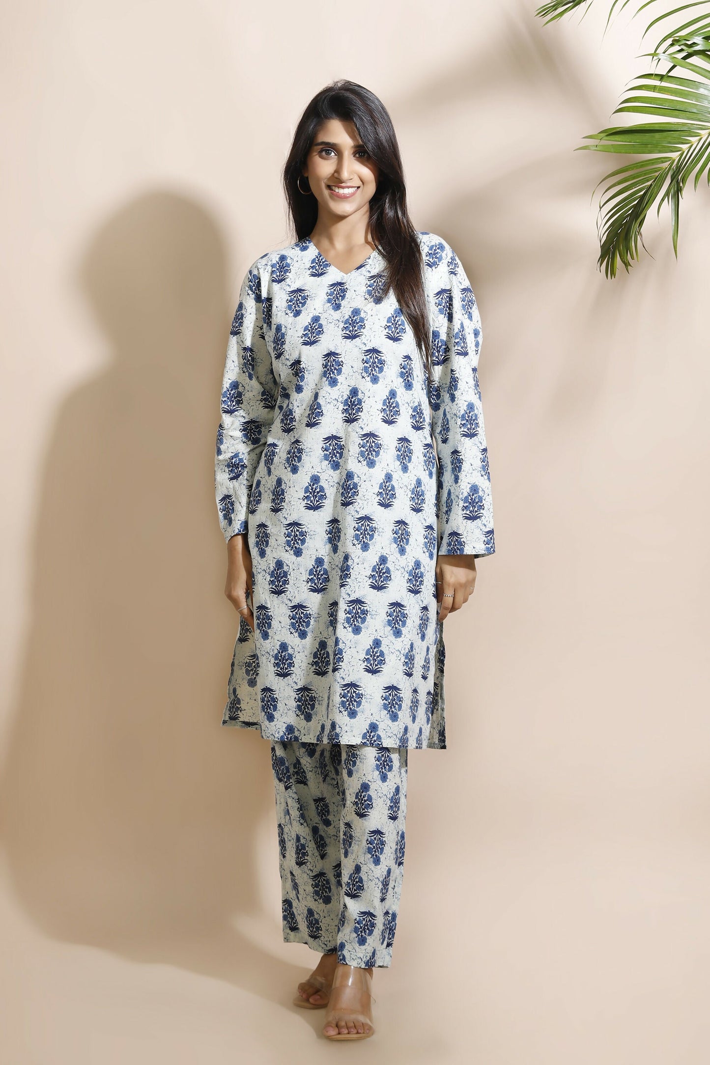Breathables WomenS Cream Cotton Indian Motif Butta Loungewear Co-Ord Set  Long Kurta & Pants