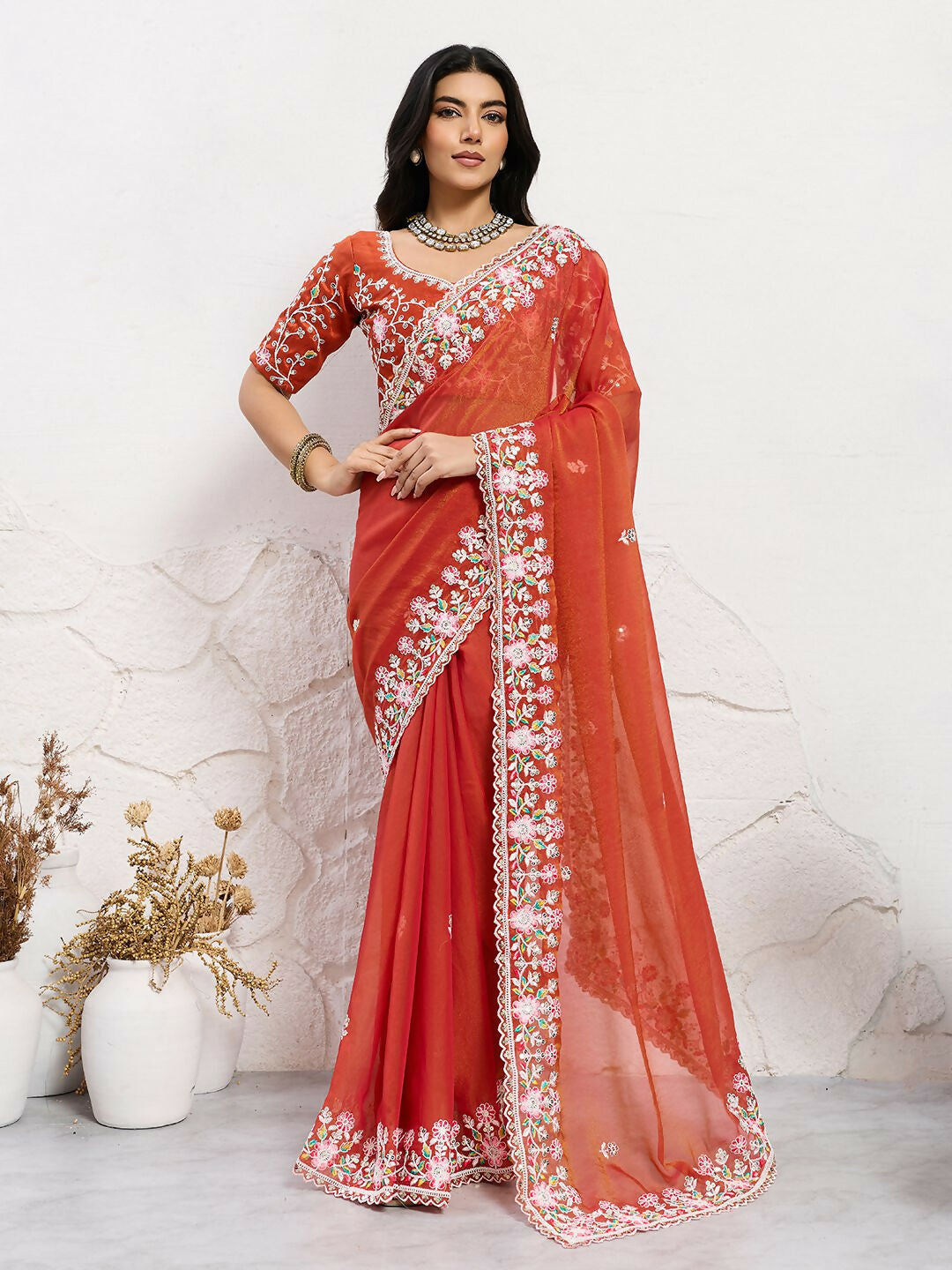 Teeya Creation New Trendy Wedding Special Party Wear Soft Nxc Moss Chiffon Saree-Orange