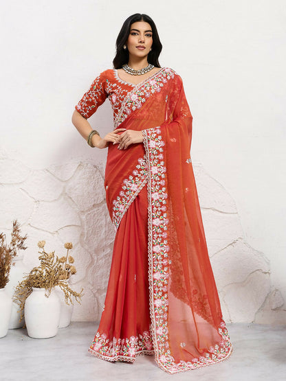 Teeya Creation New Trendy Wedding Special Party Wear Soft Nxc Moss Chiffon Saree-Orange