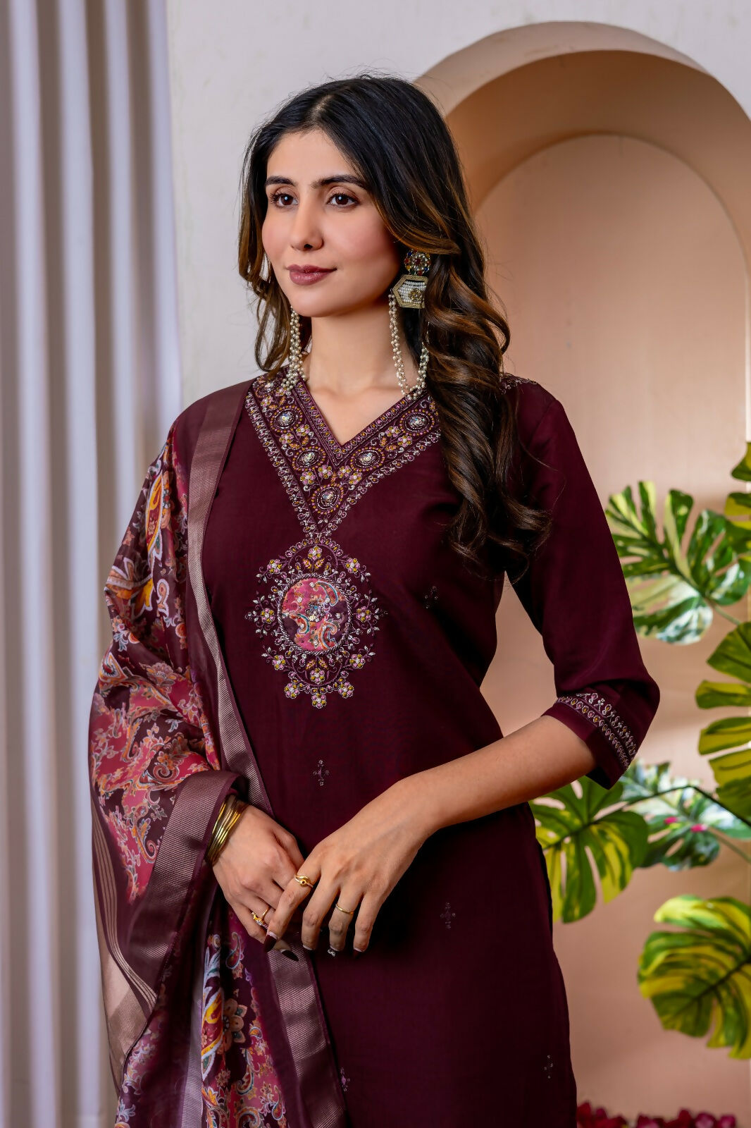 Teeya Creation Womens Wine Embroidered Kurta Pant Set