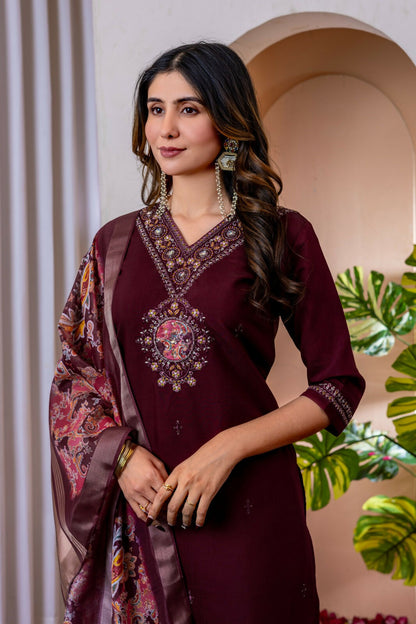 Teeya Creation Womens Wine Embroidered Kurta Pant Set