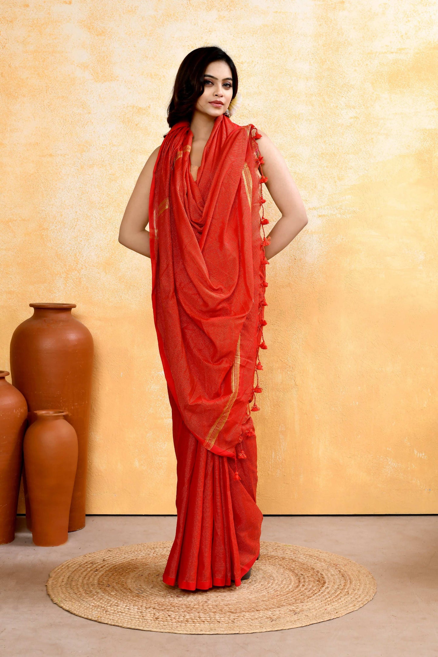 Piyari Fashion Women's Red Embellished Cotton Blend Zari Check Handloom Saree