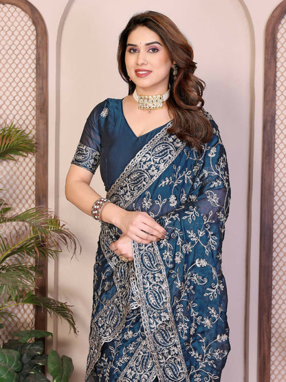 Teeya Creation New Trendy Stylish Party Wear Silk Saree-Blue