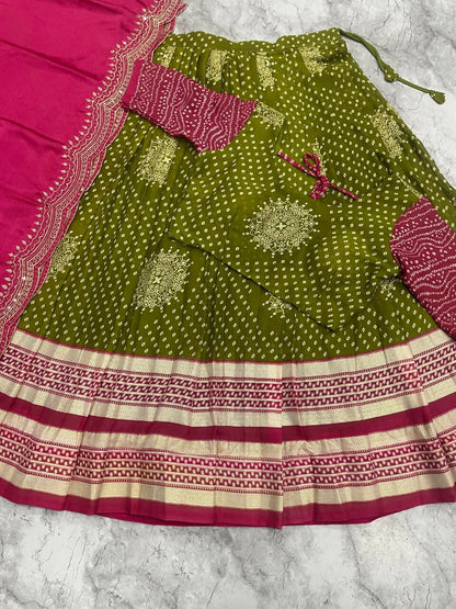 Teeya Creation Festive Olive Green Pink Designer Lehenga Choli Scalloped Border Dupatta
