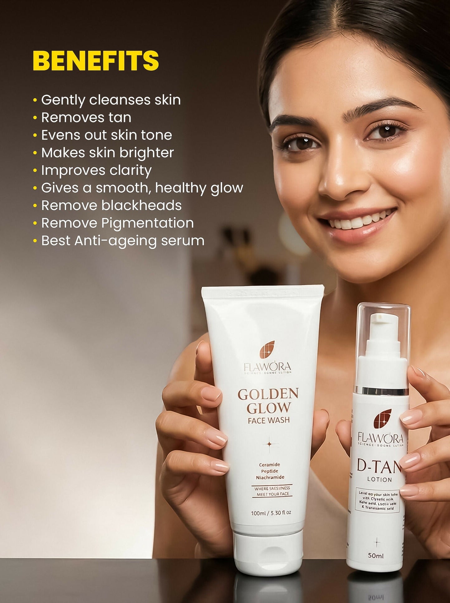 Flawora Set of Golden Glow Face Wash and D-Tan Lotion