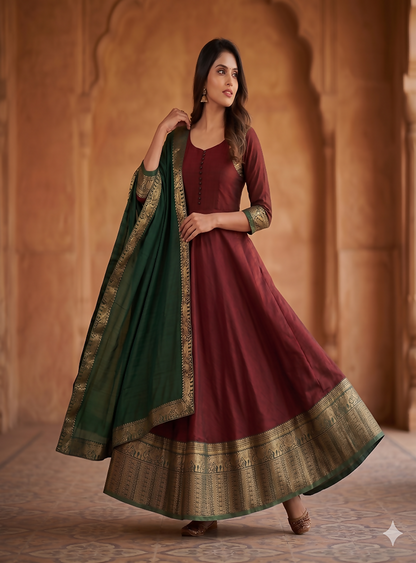 Teeya Creation Royal Maroon Anarkali Gown with Zari Border Dupatta for Women