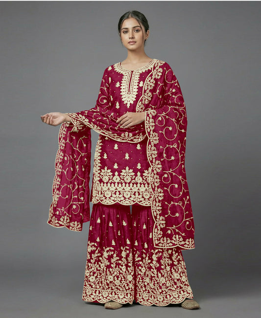 Teeya Creation Womens New Trendy Pure Gmy Silk With Heavy Embroidery Sequence Work Red Kurta Set