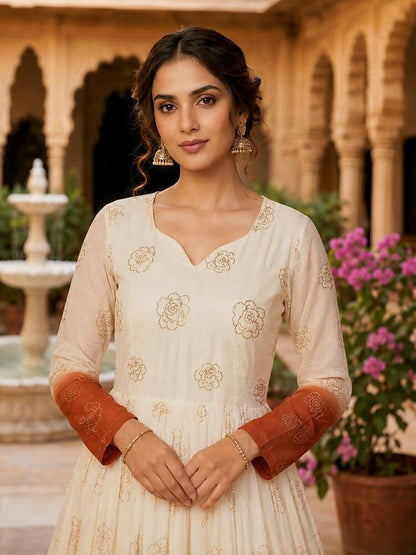 Teeya Creation Rust and White Gradient Anarkali Gown with Gold Floral Motifs