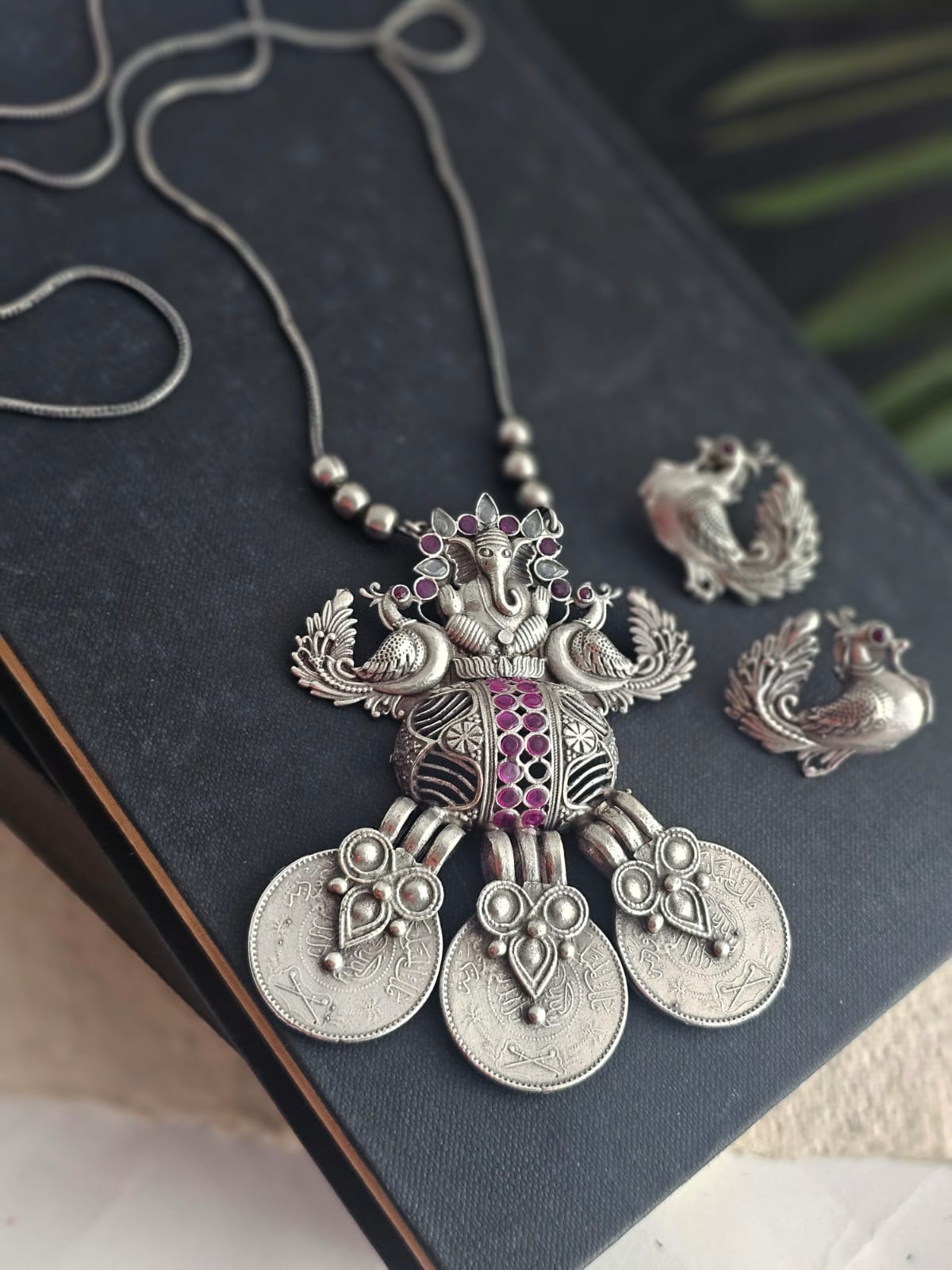 Astu German Silver Ganesh Long Pendant Necklace Set
