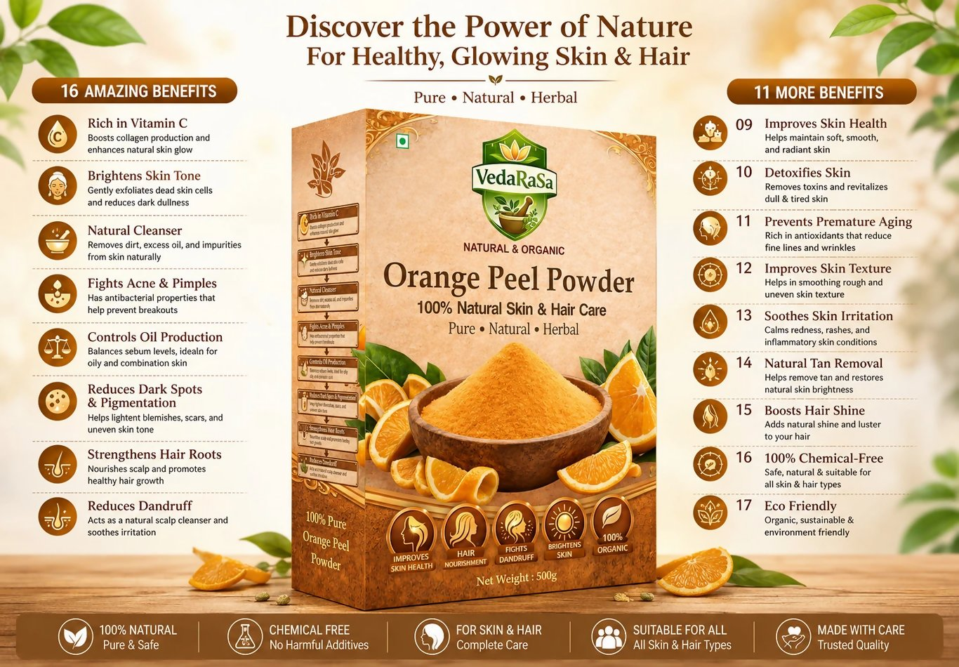 VedaRasa Organic Orange Peel Powder For Face Mask, Skin Care & Natural Glow