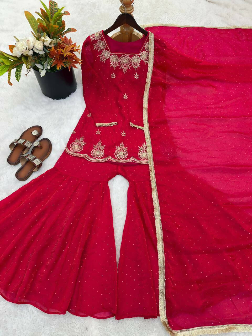 Teeya Creation Womens New Fancy Embroidery Sequence Work With Zarkan Diamond Work Pink Kurta Set