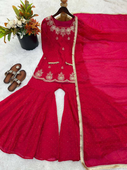 Teeya Creation Womens New Fancy Embroidery Sequence Work With Zarkan Diamond Work Pink Kurta Set