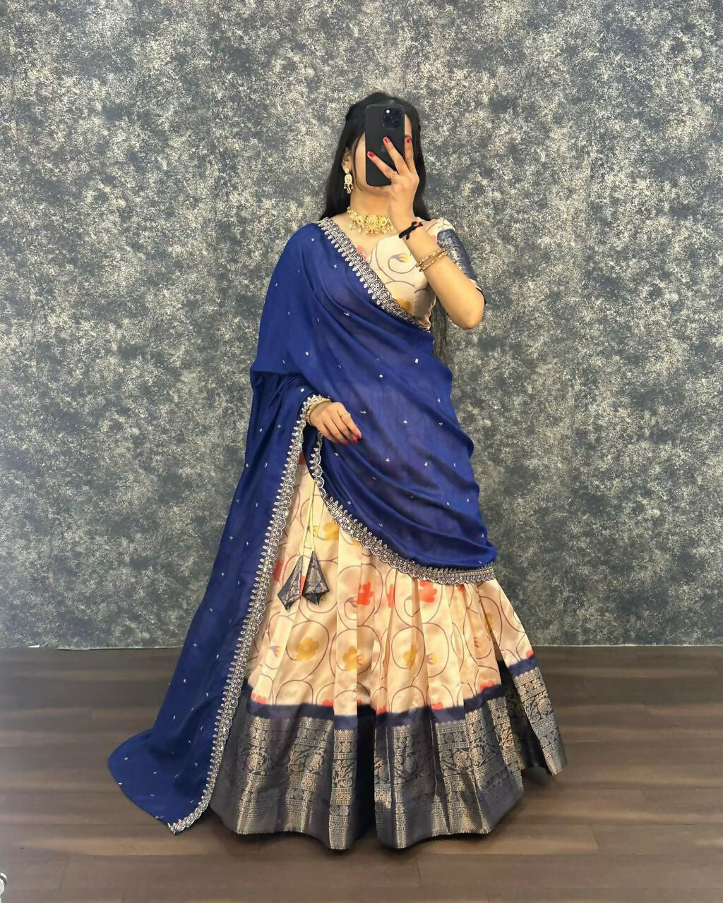 Teeya Creation Womens New Trendy Designer Blue Floral Lehenga Choli Set with Contrast Border and Dupatta Set