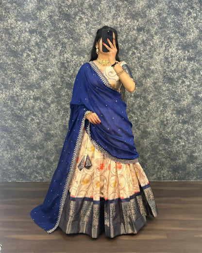 Teeya Creation Womens New Trendy Designer Blue Floral Lehenga Choli Set with Contrast Border and Dupatta Set