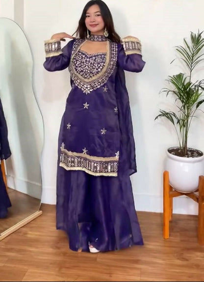 Teeya Creation New Trendy Stylish Real Mirror Work With Lace Border Purple Kurta Set