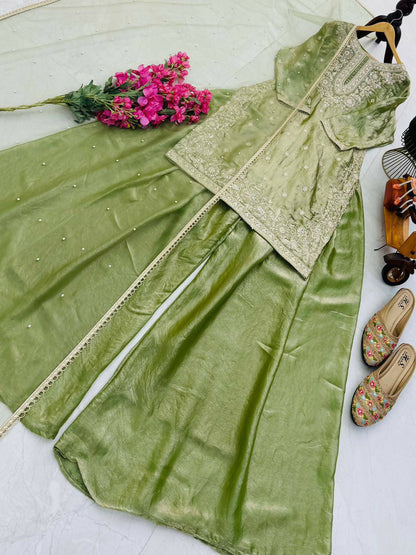 Teeya Creation New Trendy Womens Wedding Wear Kurta Palazzo Set - Light-Green