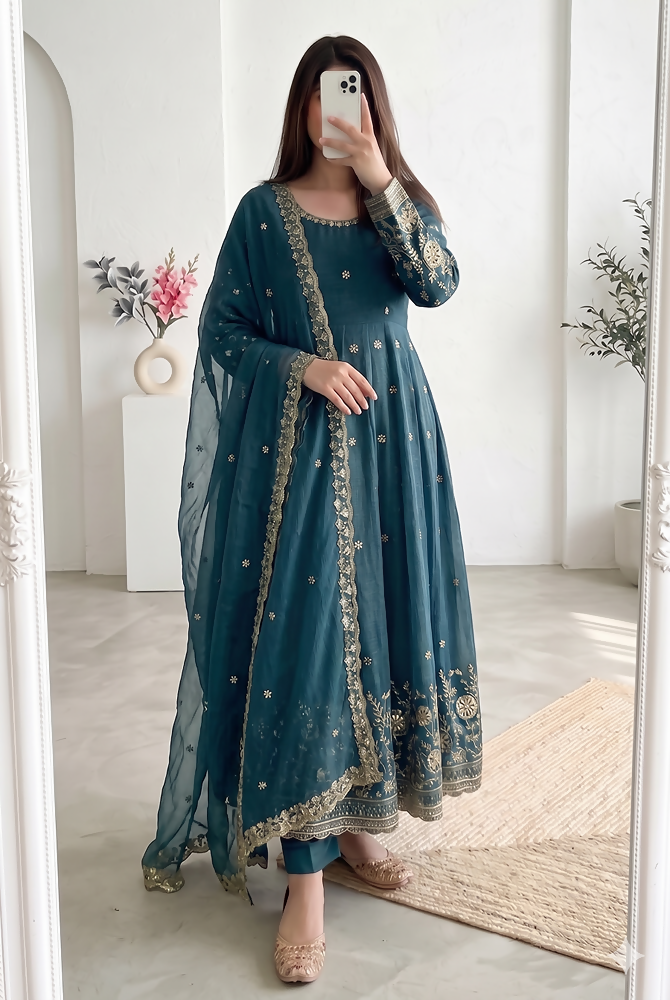 Teeya Creation New Stylish Trendy Elegant Teal Embroidered Anarkali Suit with Dupatta