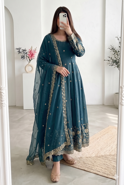 Teeya Creation New Stylish Trendy Elegant Teal Embroidered Anarkali Suit with Dupatta