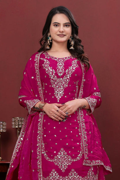 Teeya Creation Women'S Magenta Pink Faux Georgette Zari Work Kurta Sharara Set