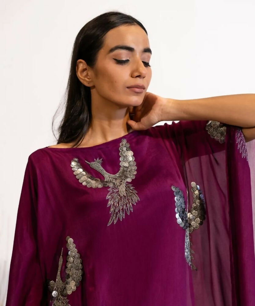 Timaraa Plum Hand Embellished Bird Kaftan Dress