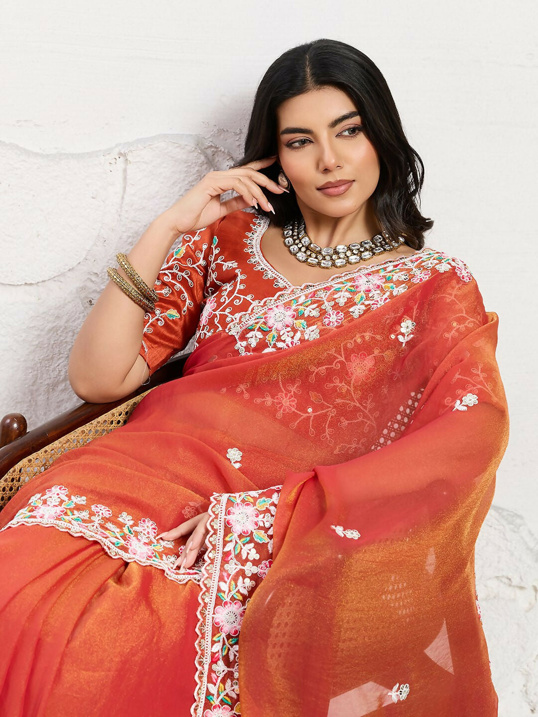 Teeya Creation New Trendy Wedding Special Party Wear Soft Nxc Moss Chiffon Saree-Orange