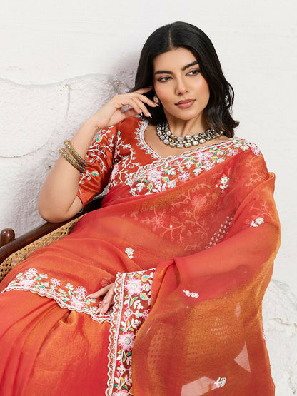 Teeya Creation New Trendy Wedding Special Party Wear Soft Nxc Moss Chiffon Saree-Orange