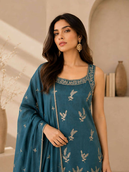 Teeya Creation Teal Blue Embroidered Georgette Straight Kurta With Palazzo And Dupatta Set