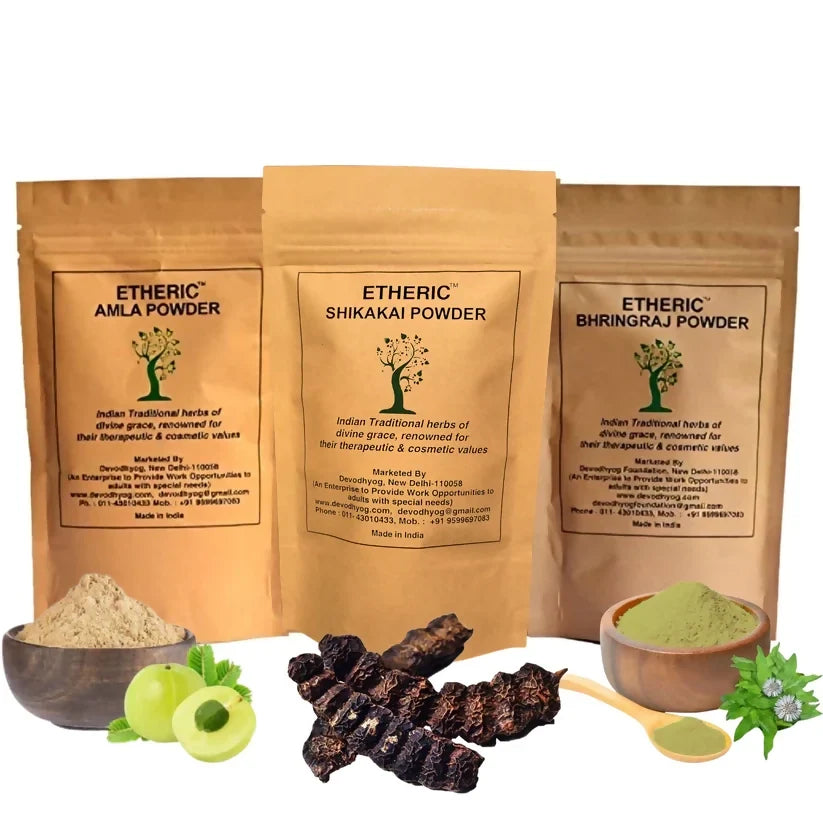 Etheric Amla Bhringraj Shikakai Powder Combo  Herbal Hair Growth & Strength Pack
