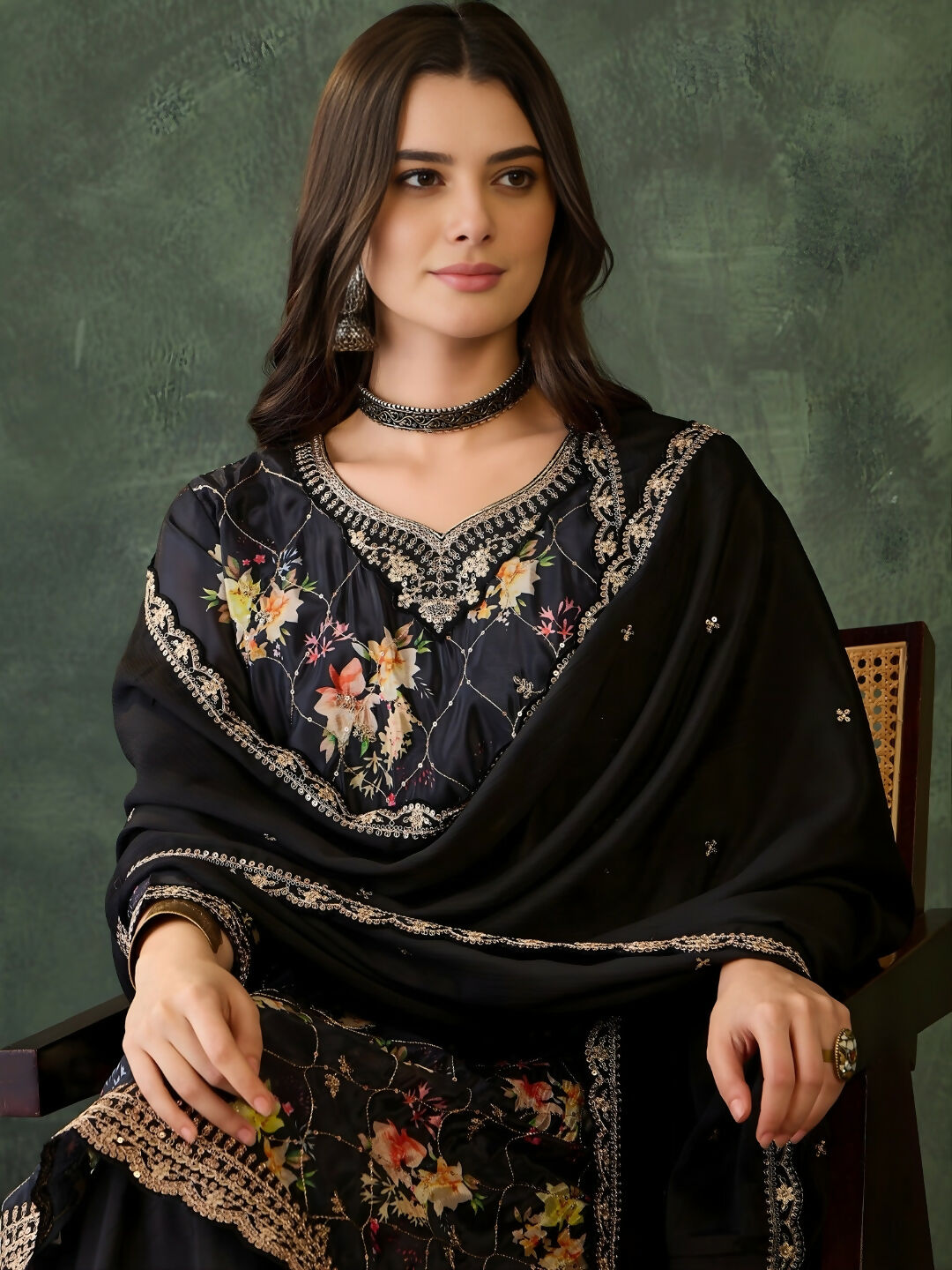 The52 Women's Gorgeous Embroidery Chinon Fabric Straight Kurta Palazzo and Dupatta Set-Black