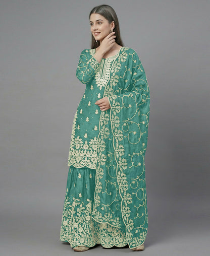 Teeya Creation Womens New Trendy Pure Gmy Silk With Heavy Embroidery Sequence Work Light-Green Kurta Set