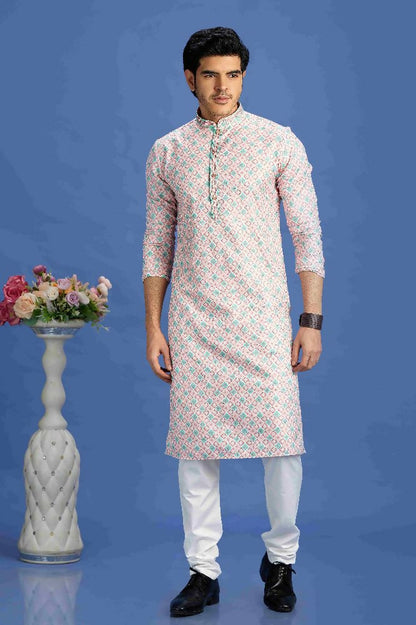 Raivat Ethnic Cotton Embroidery Kurta Pajama In Peach Colour