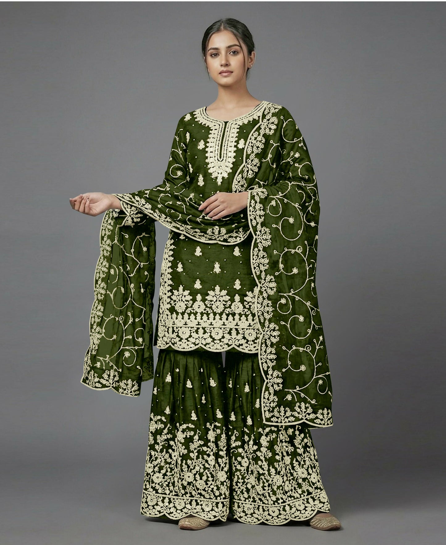 Teeya Creation Womens New Trendy Pure Gmy Silk With Heavy Embroidery Sequence Work Mehendi Kurta Set