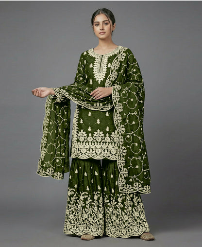 Teeya Creation Womens New Trendy Pure Gmy Silk With Heavy Embroidery Sequence Work Mehendi Kurta Set