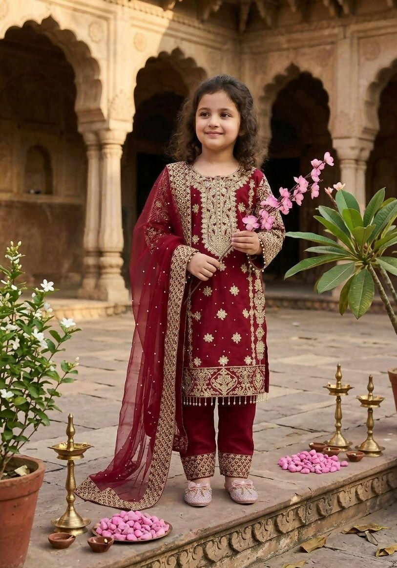 Teeya Creation New Kids Trendy stylish Rich Heavy Embroidery with Elegant Sequence Work Kurta Set-Red