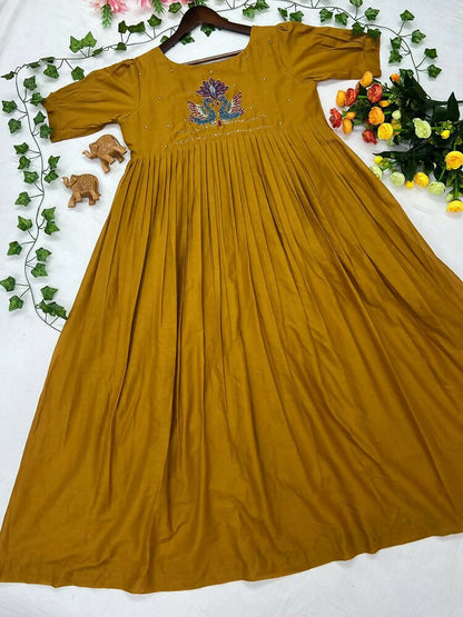 Teeya Creation Women's New Trendy Mustard Pleated Maxi Dress with Intricate Peacock Beadwork