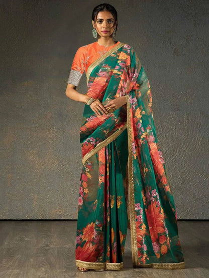 Tulsi Art Sabyasachi Green Floral Organza Wedding Wear Saree With Blouse