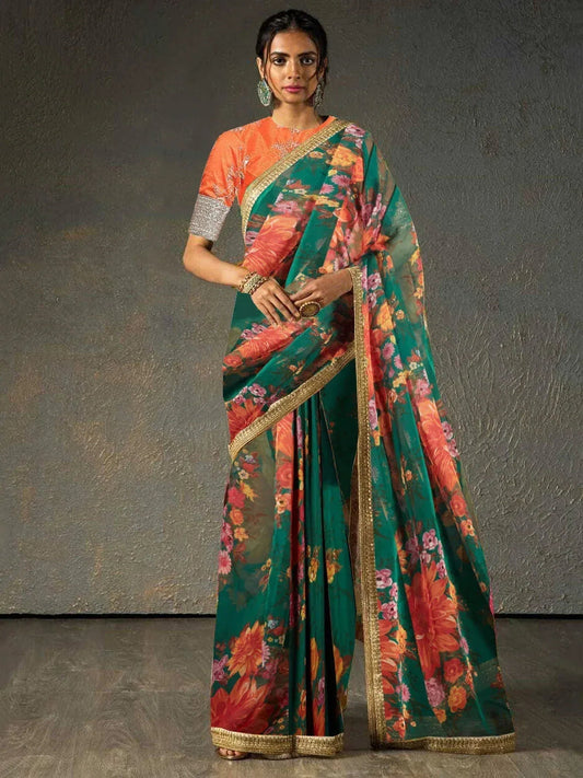 Tulsi Art Sabyasachi Green Floral Organza Wedding Wear Saree With Blouse