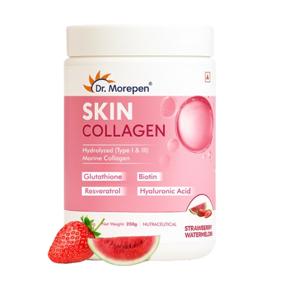 DR. Morepen Skin Collagen Powder with Glutathione, Hyaluronic Acid, Resveratrol & Biotin Strawberry Watermelon Flavour
