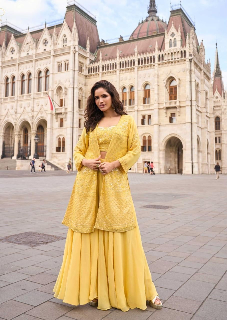 Anaita Yellow Georgette Stitched Suit With Embroidery & Beats Work