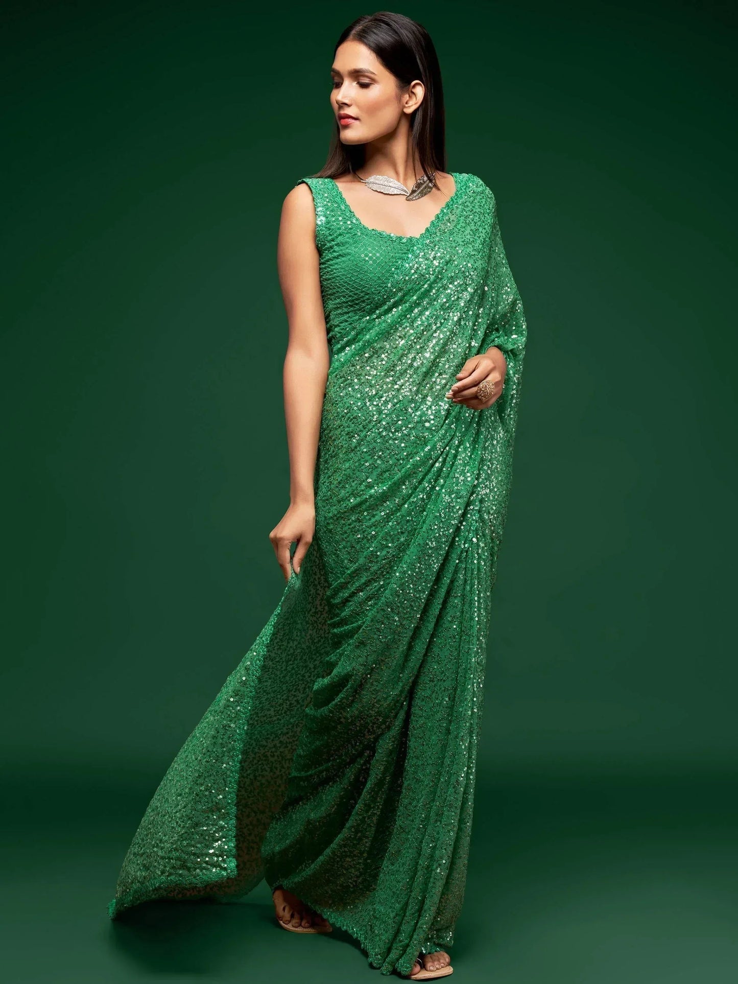 Tulsi Art Green Fully Sequined Georgette Party Wear Saree
