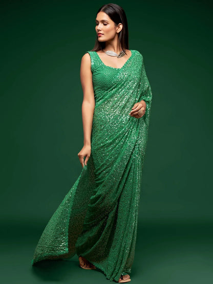 Tulsi Art Green Fully Sequined Georgette Party Wear Saree