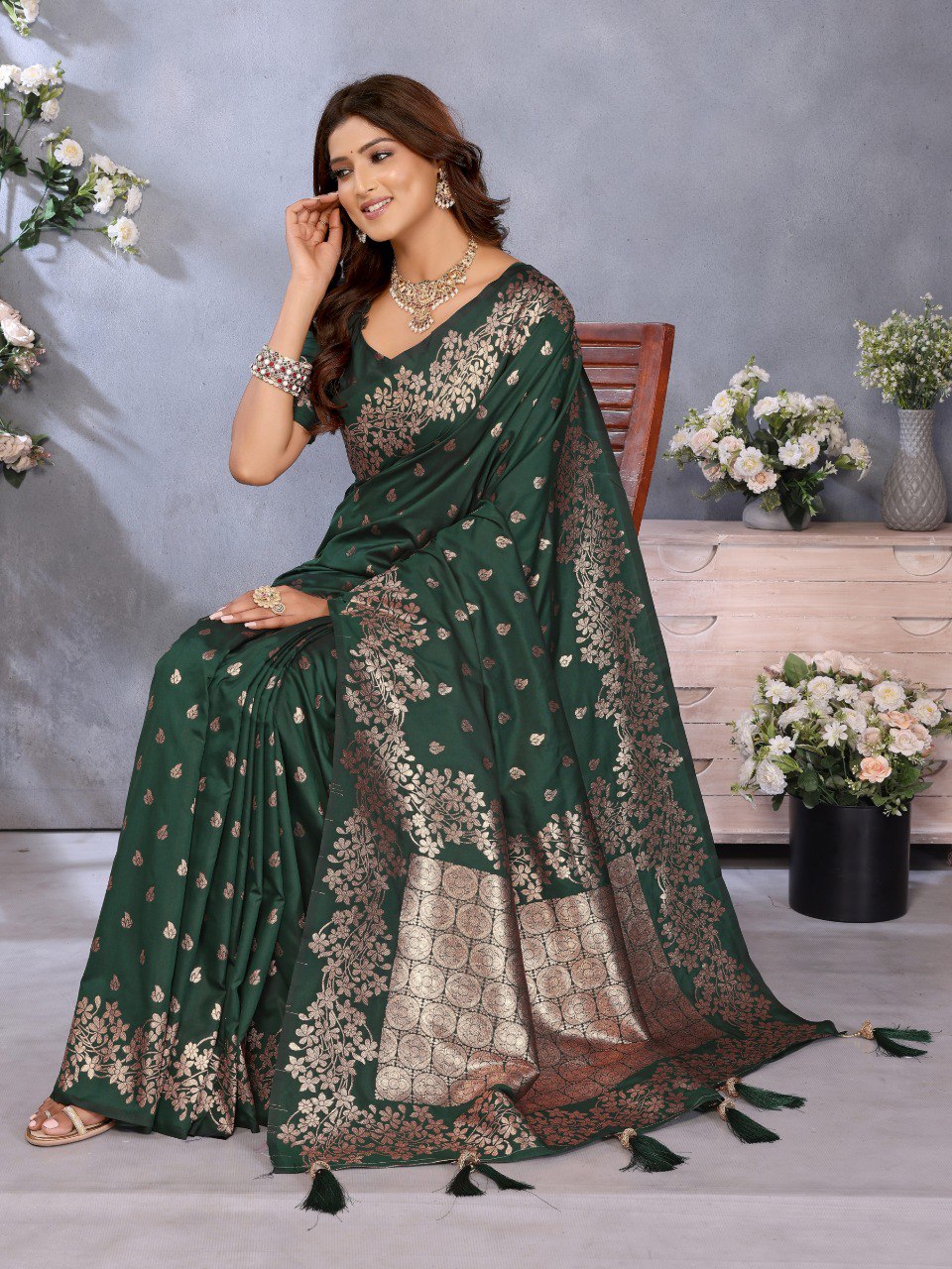 Anaita Dark Green Premium Banarasi Tissue Silk Saree With Gala Weaving Work