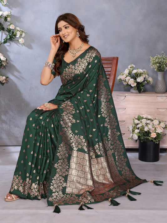 Anaita Dark Green Premium Banarasi Tissue Silk Saree With Gala Weaving Work