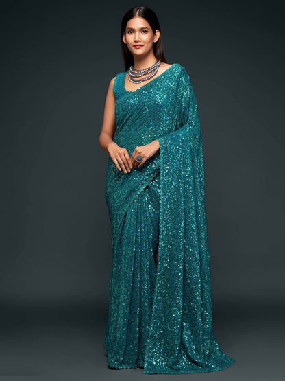 Tulsi Art Teal Blue Fully Sequined Georgette Party Wear Saree