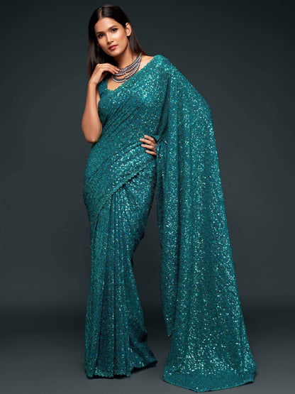 Tulsi Art Teal Blue Fully Sequined Georgette Party Wear Saree