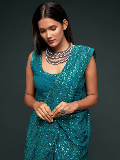 Tulsi Art Teal Blue Fully Sequined Georgette Party Wear Saree