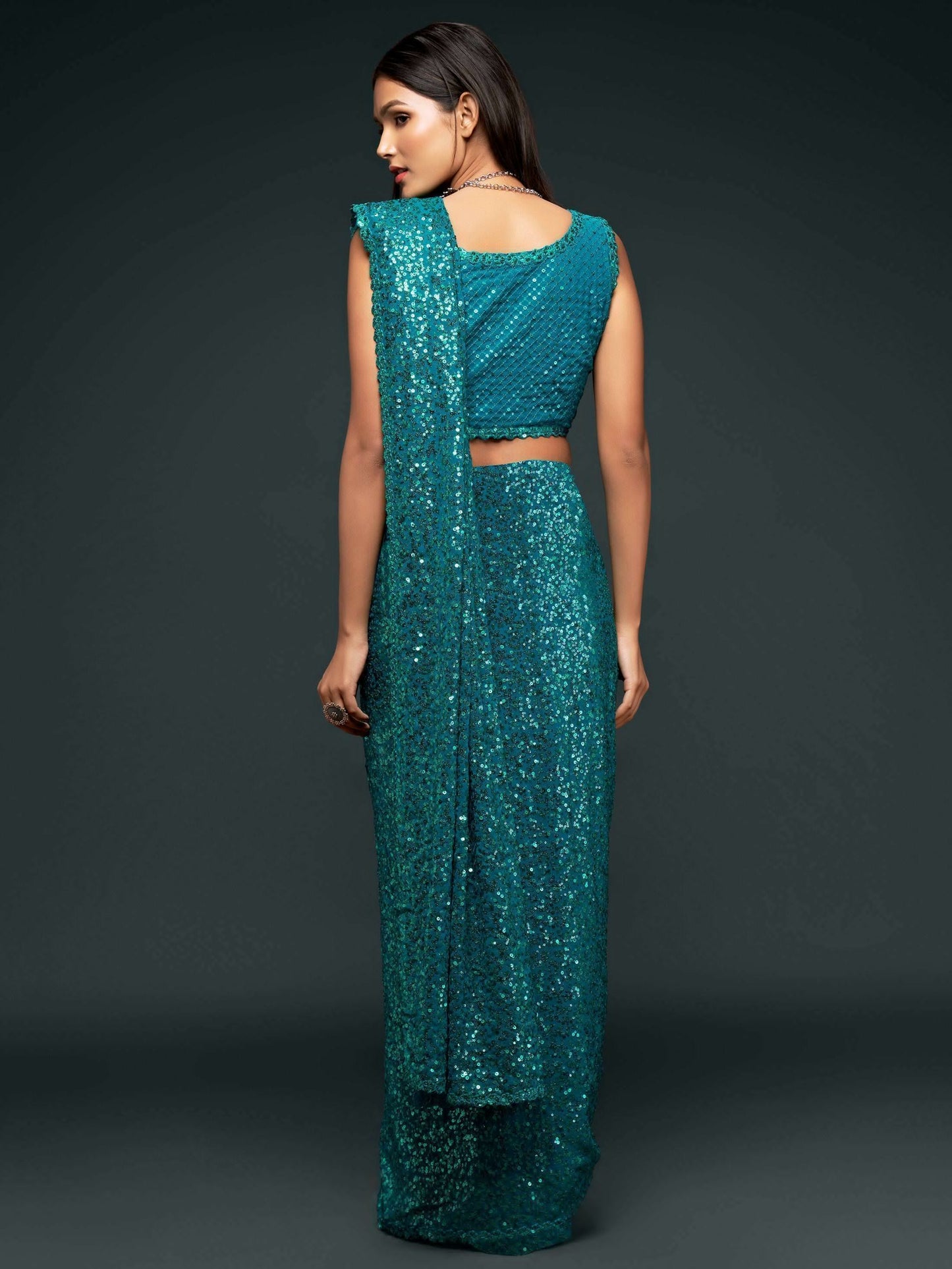 Tulsi Art Teal Blue Fully Sequined Georgette Party Wear Saree