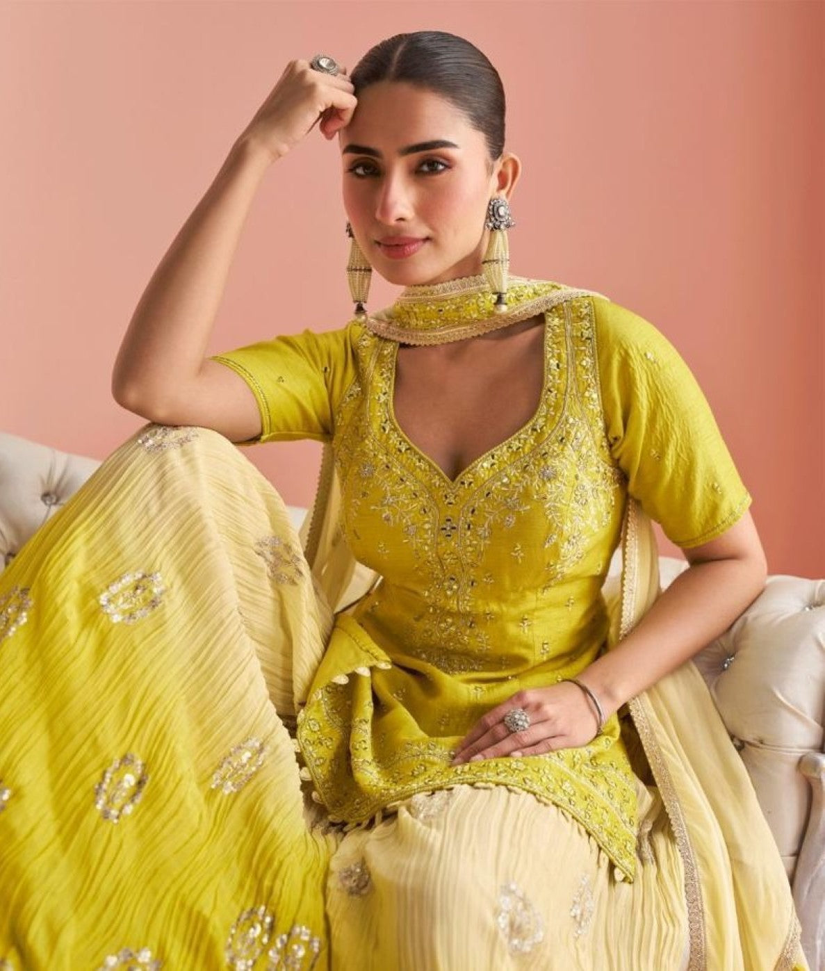 Anaita Yellow Chinon Stitched Suit With Embroidery Work