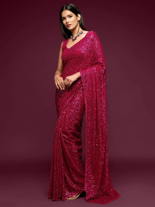 Tulsi Art Hot Pink Fully Sequined Georgette Party Wear Saree